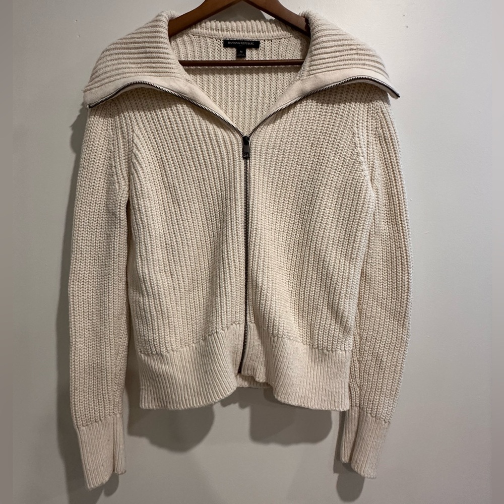 BANANA REPUBLIC Cotton Blend Cream Knit Zip Up‎ Sweater Size M